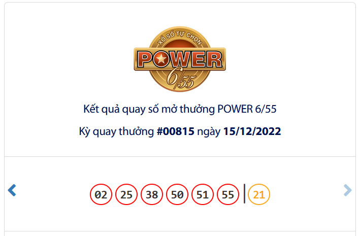 Kết quả xổ số Vietlott POWER 6/55 Ngày 15/12/2022
