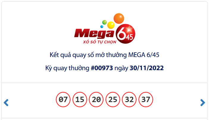 Kết quả xổ số Vietlott MEGA 6/45 Ngày 30/11/2022