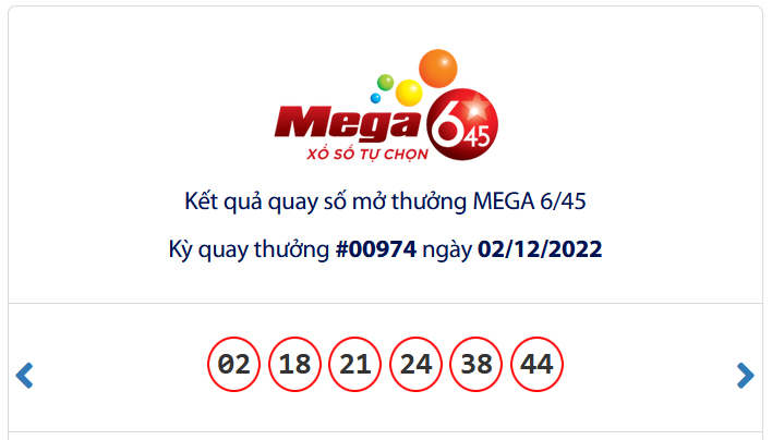 Kết quả xổ số Vietlott MEGA 6/45 Ngày 02/12/2022