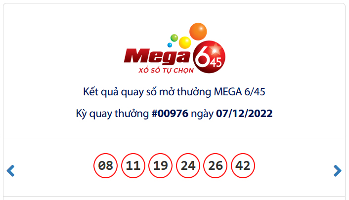 Kết quả xổ số Vietlott MEGA 6/45 Ngày 07/12/2022