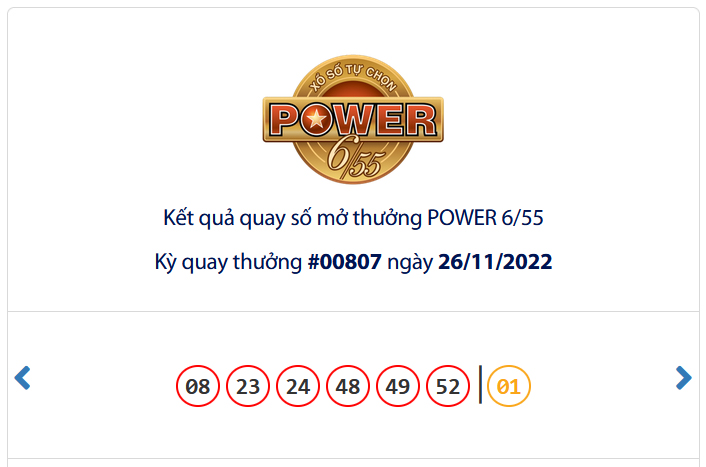 Kết quả xổ số Vietlott POWER 6/55 Ngày 26/11/2022