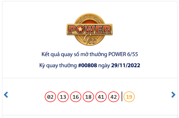 Kết quả xổ số Vietlott POWER 6/55 Ngày 29/11/2022
