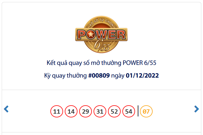 Kết quả xổ số Vietlott POWER 6/55 Ngày 01/12/2022