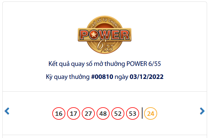 Kết quả xổ số Vietlott POWER 6/55 Ngày 03/12/2022