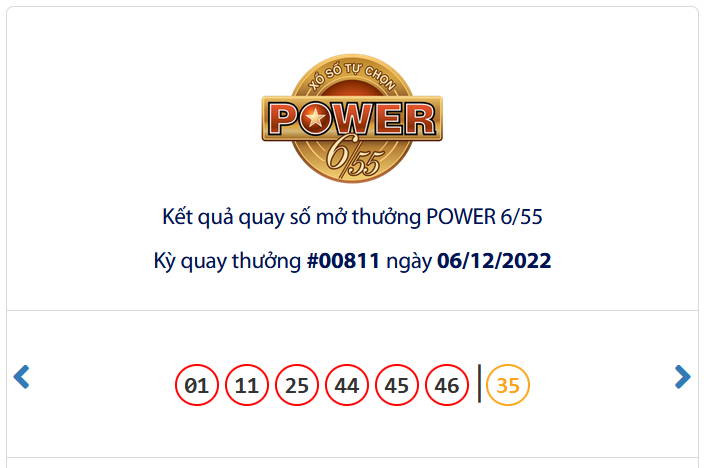 Kết quả xổ số Vietlott POWER 6/55 Ngày 06/12/2022