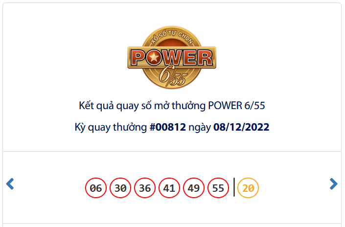 Kết quả xổ số Vietlott POWER 6/55 Ngày 08/12/2022