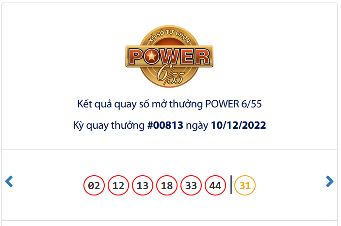 Kết quả xổ số Vietlott POWER 6/55 Ngày 10/12/2022