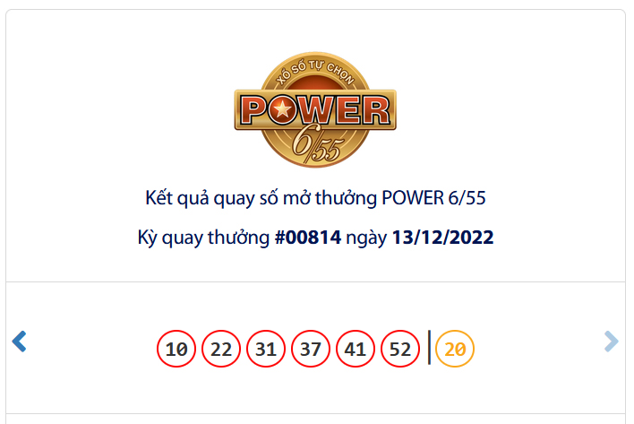 Kết quả xổ số Vietlott POWER 6/55 Ngày 13/12/2022