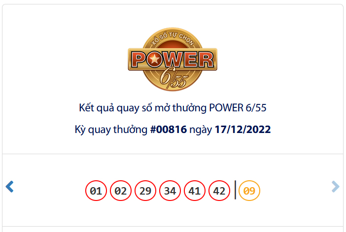 Kết quả xổ số Vietlott POWER 6/55 Ngày 17/12/2022